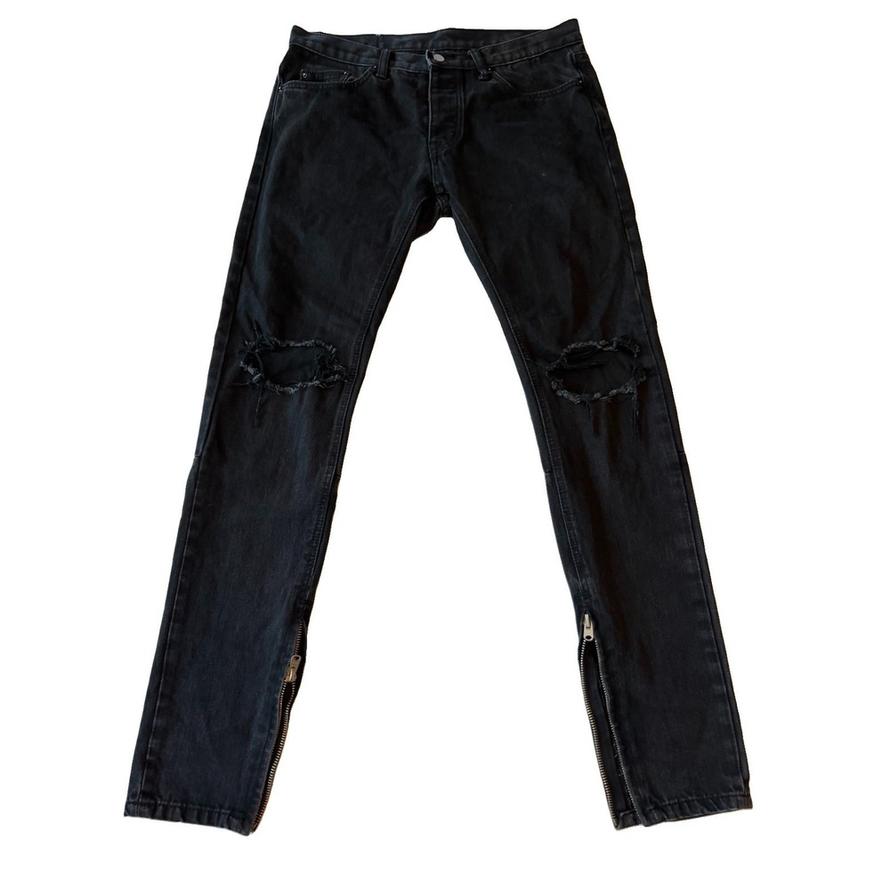 MNML Mens Jeans 32 Black Skinny Ripped Ankle Zip Streetwear